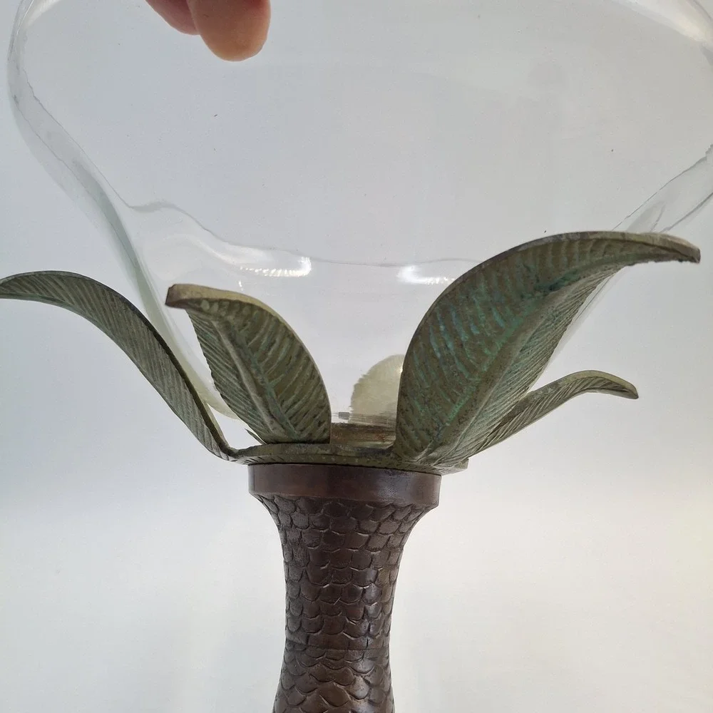 Vintage Brass Palm Tree Glass Compote Bowl Centerpiece Hollywood Regency 80s